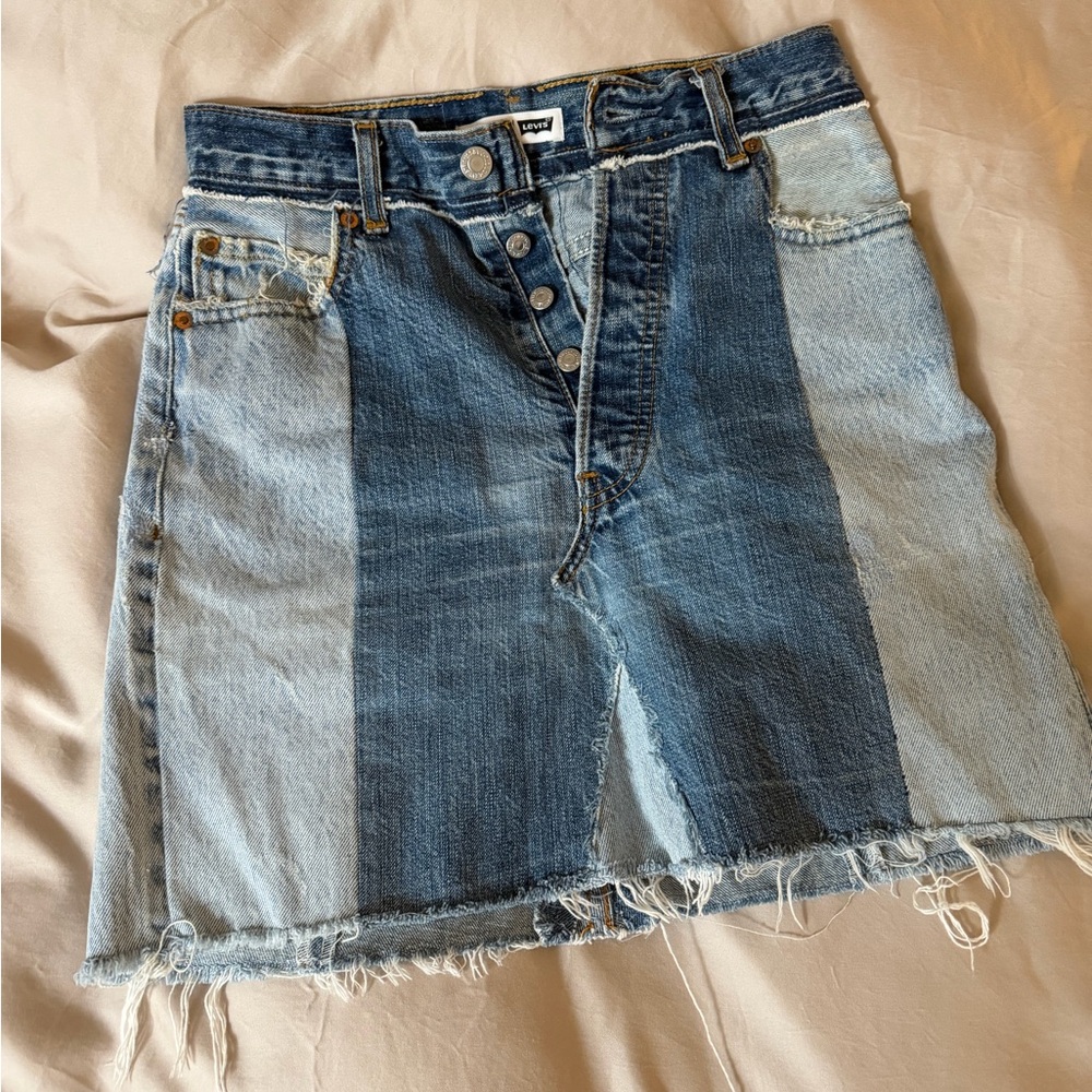 Re/Done Blue Patchwork Mini Skirt